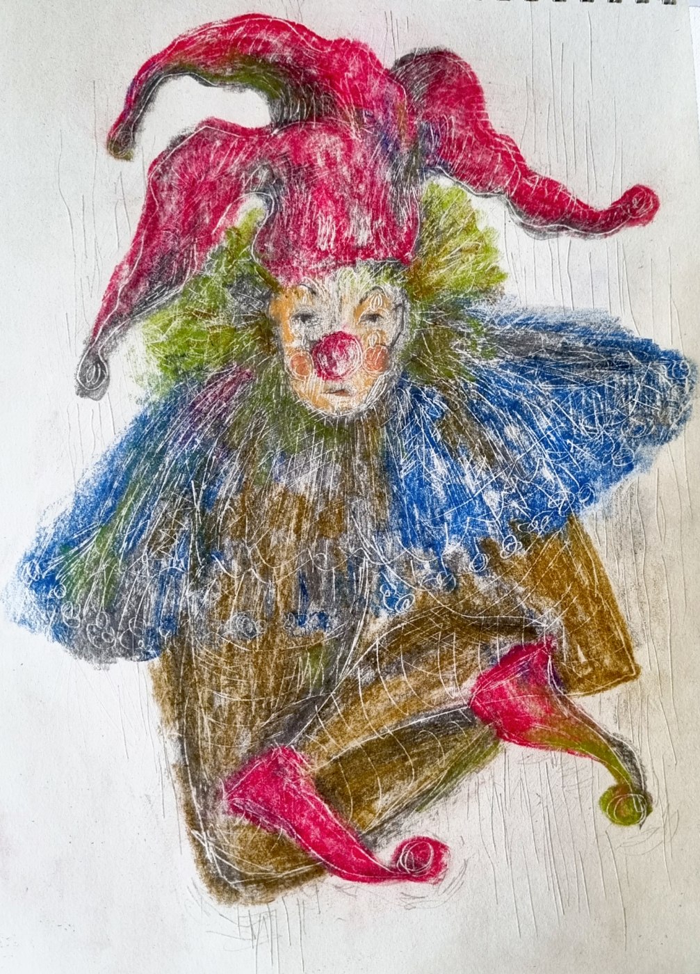 Clowns and Expectations, a crouching clown in a pink jester hat and blue ruff
