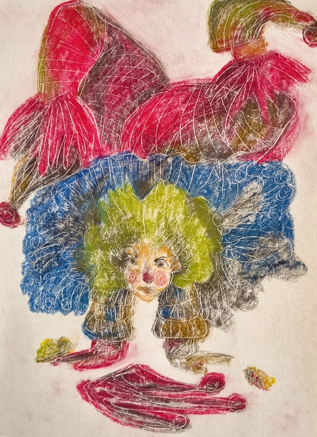 Clown is Playing, an inverted clown figure with green hair and red jester hats