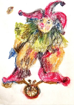 Clown is on the Show, a clown balanced on a small unicycle