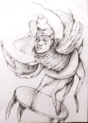 Clown from .., a winged clown figure in graphite standing over an ellipse