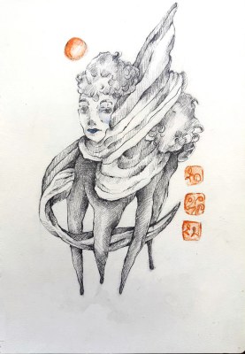 Sad Clown, a graphite clown figure beside an orange circle and red seal stamps