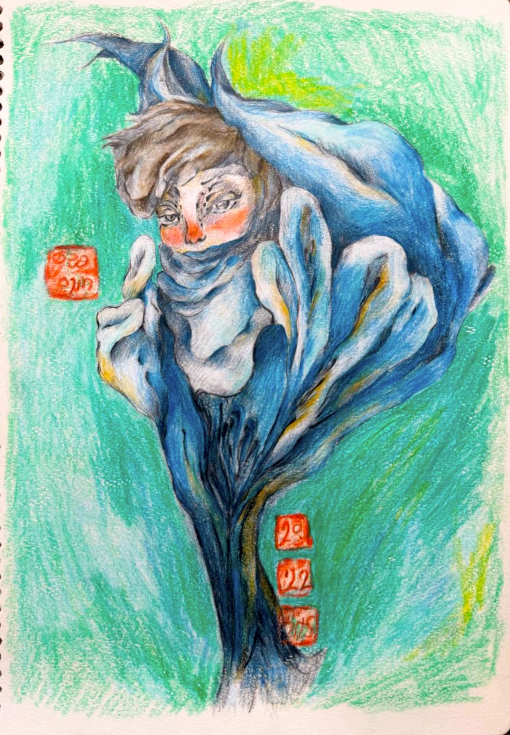 Stine, a hybrid human and floral figure in blue and green colored pencil