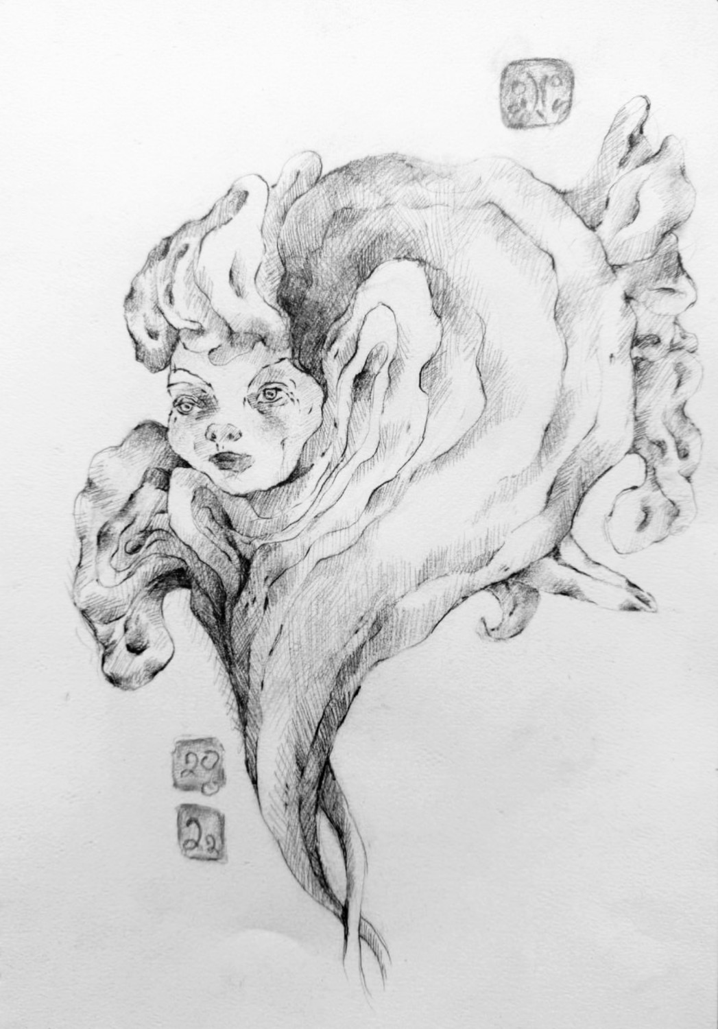 Zari, a face emerging from furled grey petal forms with red seal stamps