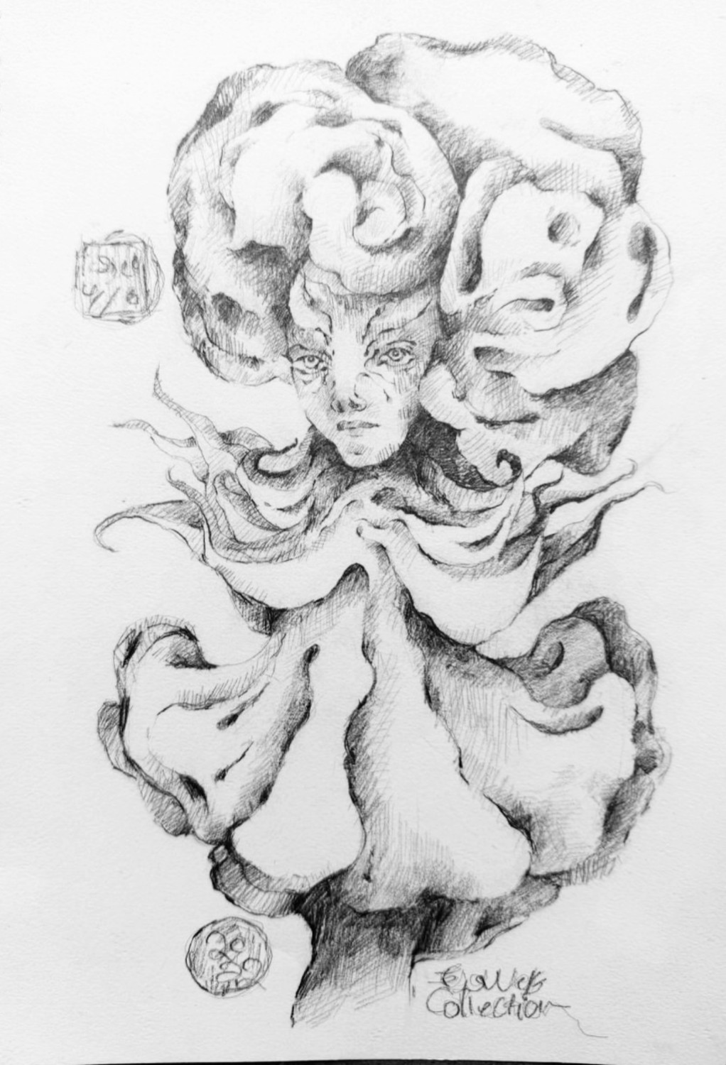 Masculan, a symmetrical figure crowned with dense rose-like blooms
