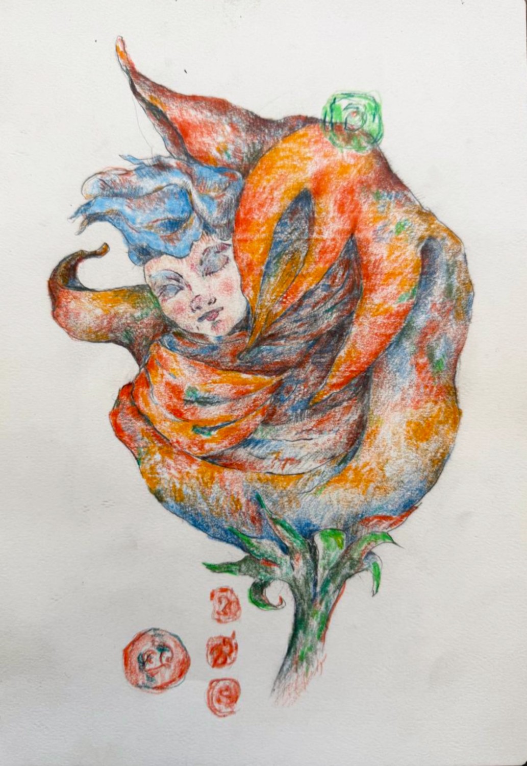 Mary, a sleeping face wrapped in orange and blue petals
