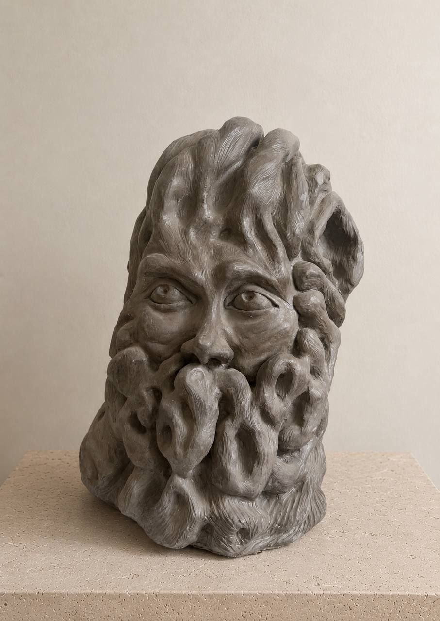 Masculan, a ceramic sculpture of a bearded, wide-eyed face built from looping ropes of clay