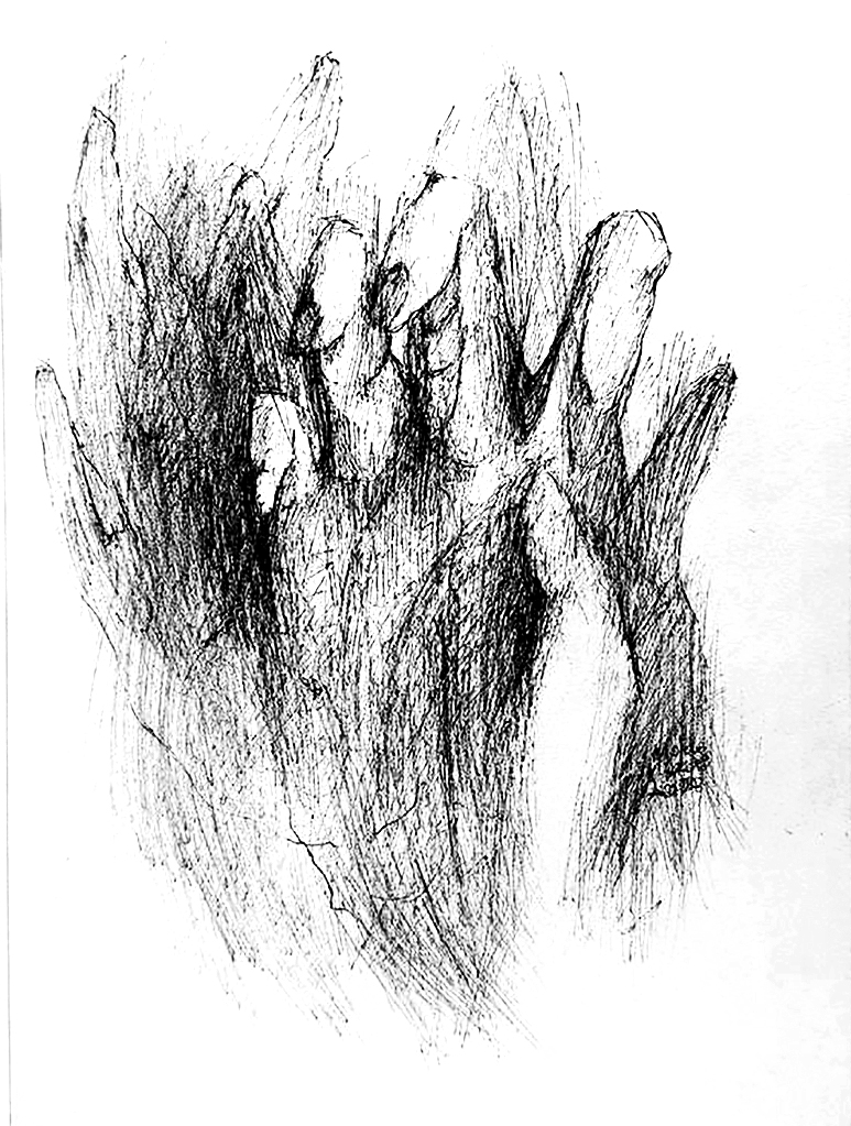 Pain, pen on paper, dense vertical hatching forming clustered hands