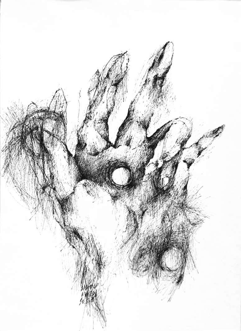 Hands Series, pen on paper, layered hands pierced by circular openings