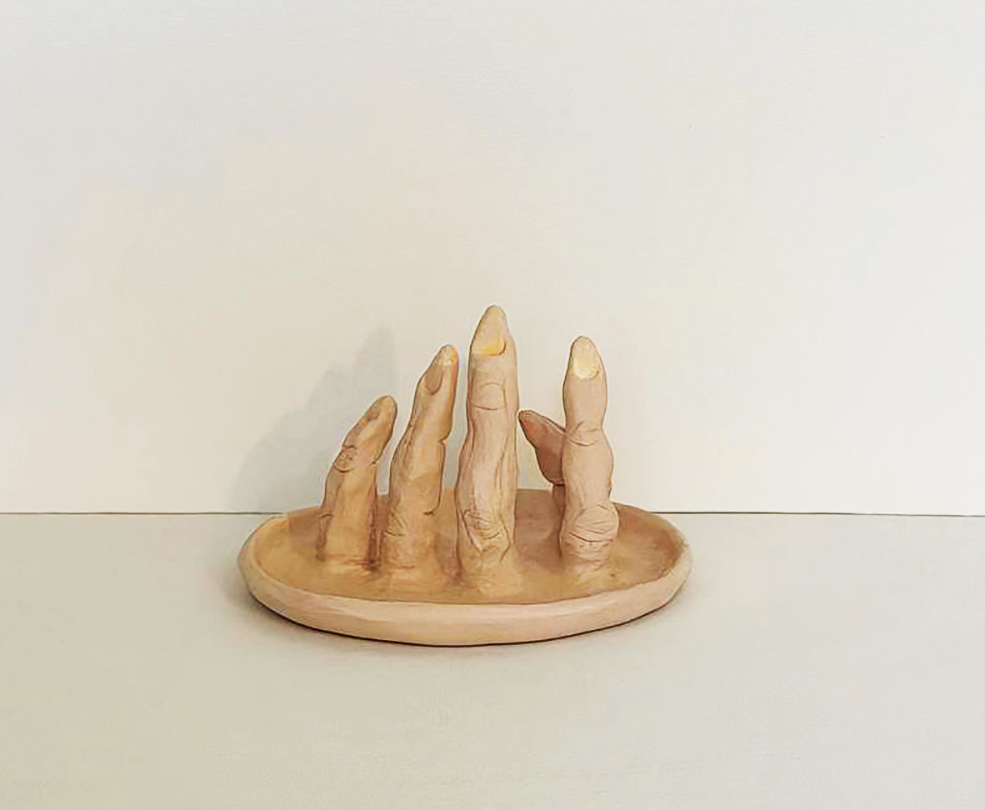 Hands Series, ceramic dish with fingers rising from its shallow basin