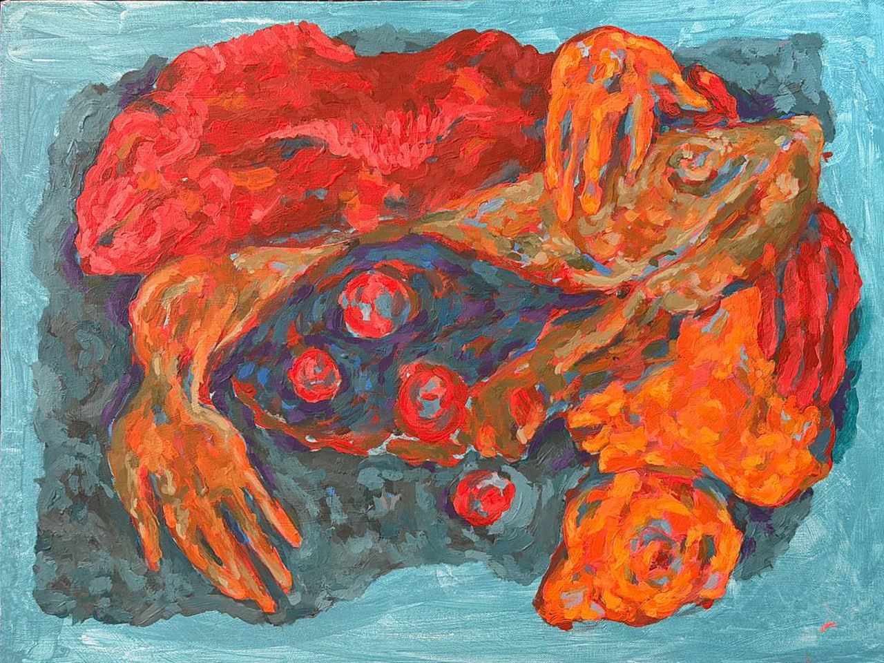 Three Sisters Carrying Their Silliness, an opened body with red spheres and reaching hands