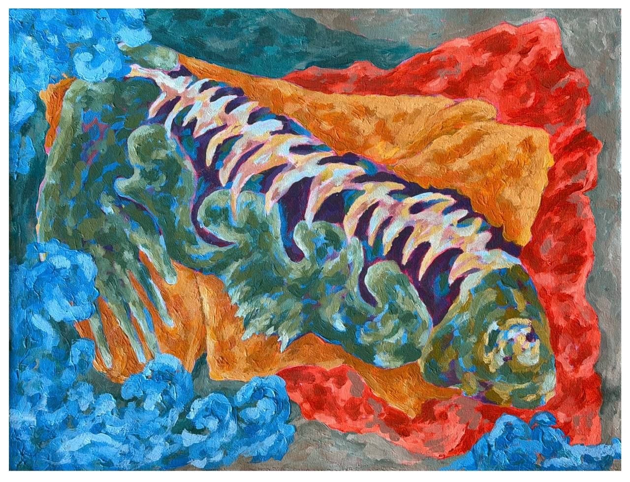 Sentient Embracers, a fish form with a pale rib-like spine held among blue, orange and red