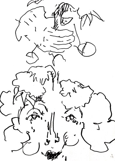 Ink study of clustered faces and hands holding rounded objects