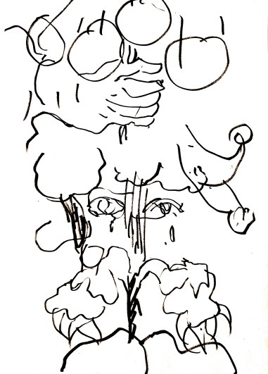 Ink study of hands reaching among ball-like forms
