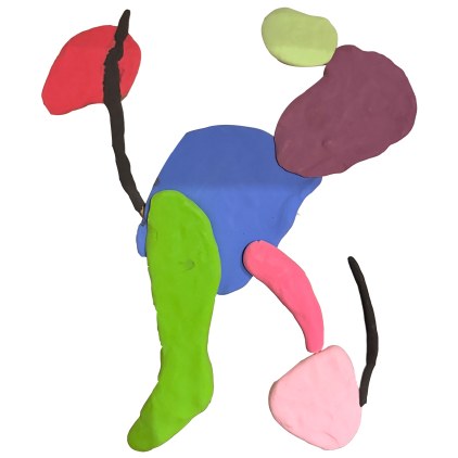 Small sculpture of blue, green, pink and plum modelling clay forms