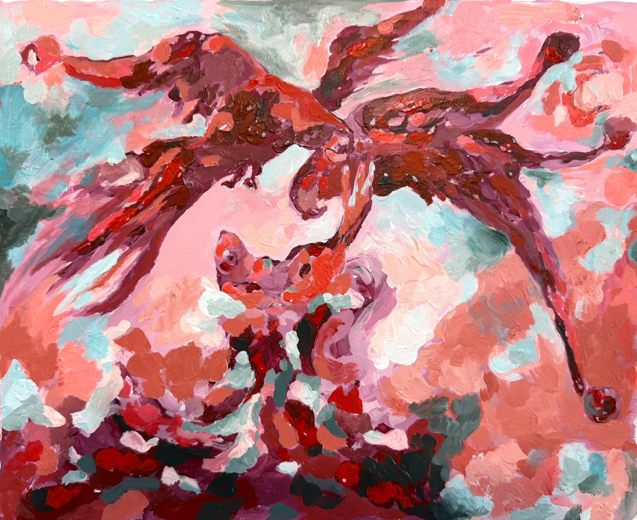 Hunting, deep red forms rising through a pale pink and grey field