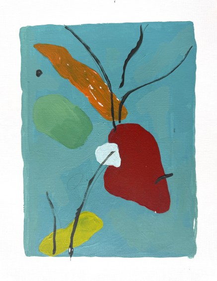Sketchbook page, red, orange and yellow forms with black lines on turquoise
