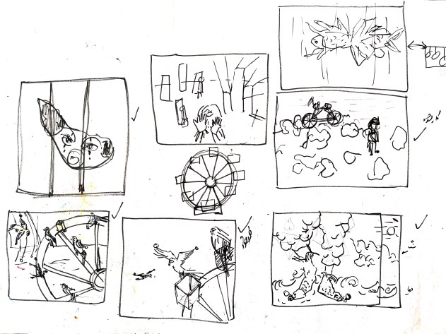 Storyboard sheet of nine framed pencil compositions