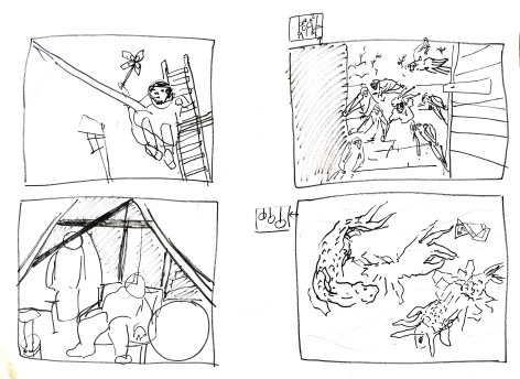 Storyboard sheet of framed compositions in pencil