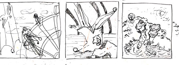 Wide storyboard strip of small pencil compositions