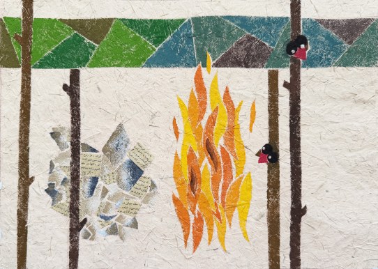 Illustration of a flame among bare trees beside a cluster of printed paper collage, on textured paper