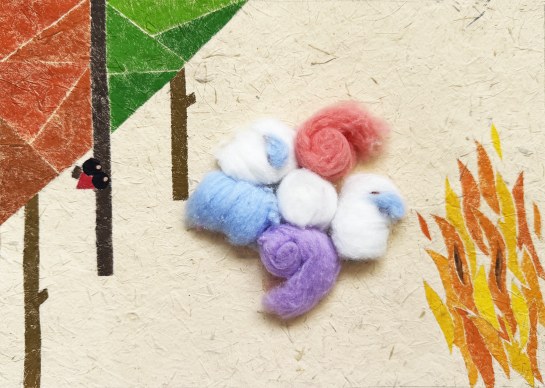 Illustration of a flame beside felted wool forms in blue, white, pink and purple among trees