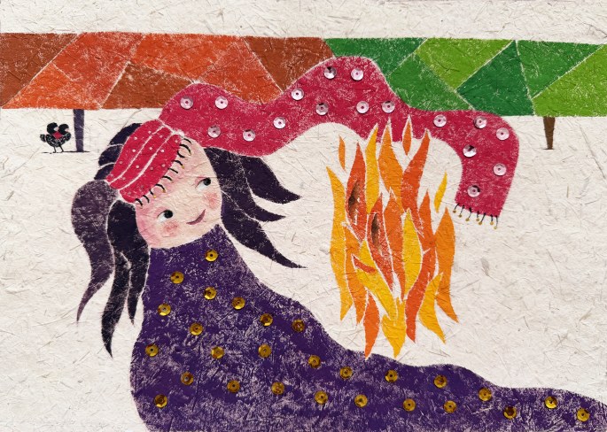 A girl in a purple dress standing beside a tall flame