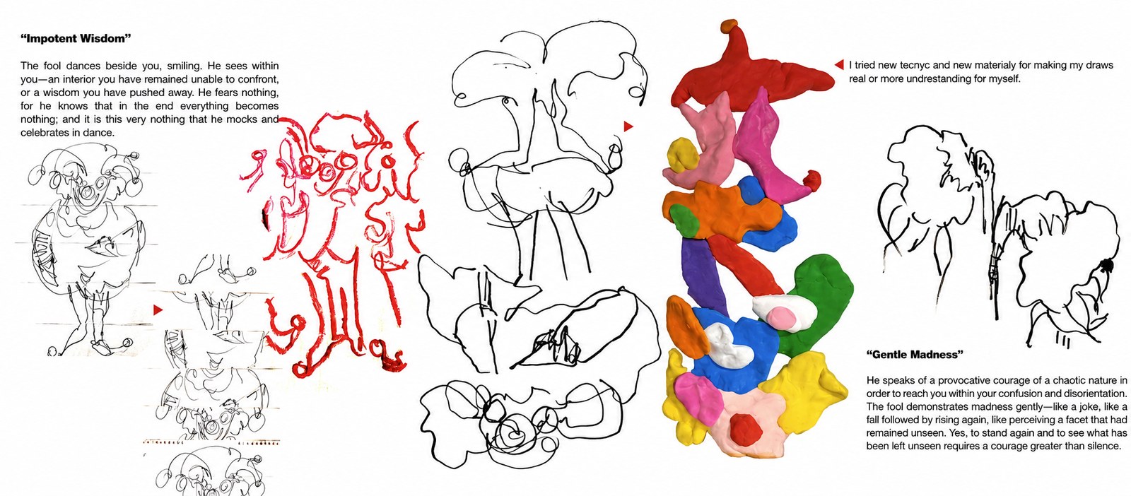 A spread of fool and clown studies: continuous-line drawings in pencil and ink, a figure drawn in red, and a modelled plasticine form in bright colours, shown beside the written pieces Impotent Wisdom and Gentle Madness