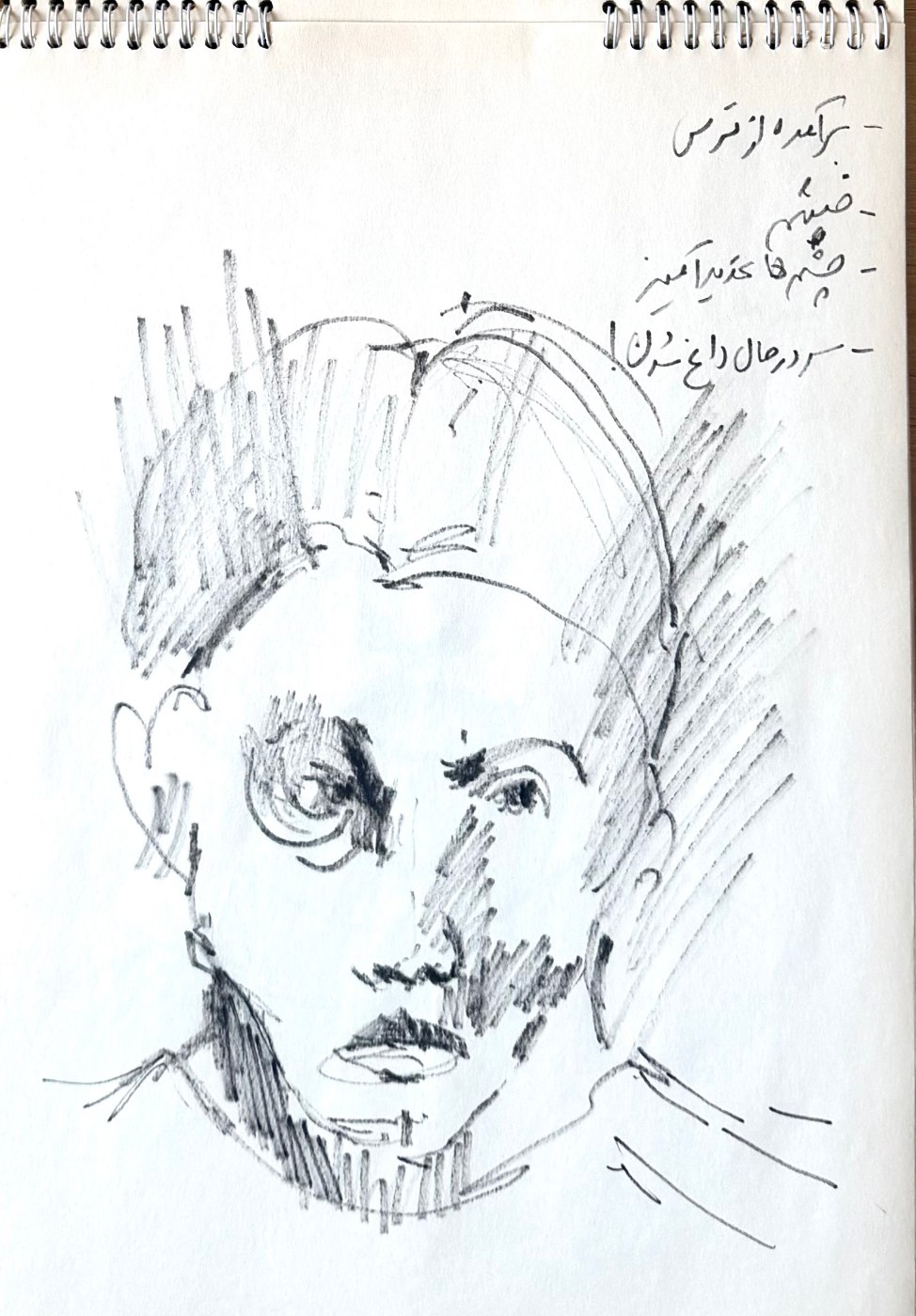 Self-portrait study in pencil, a face with hatched shadow and radiating hair