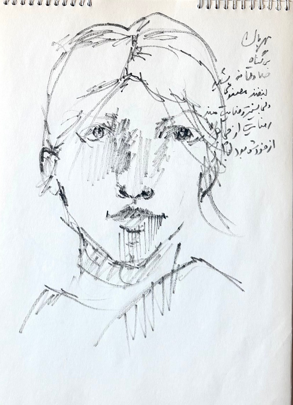 Self-portrait study in pencil, a face framed by loose hair with hatching across the eyes