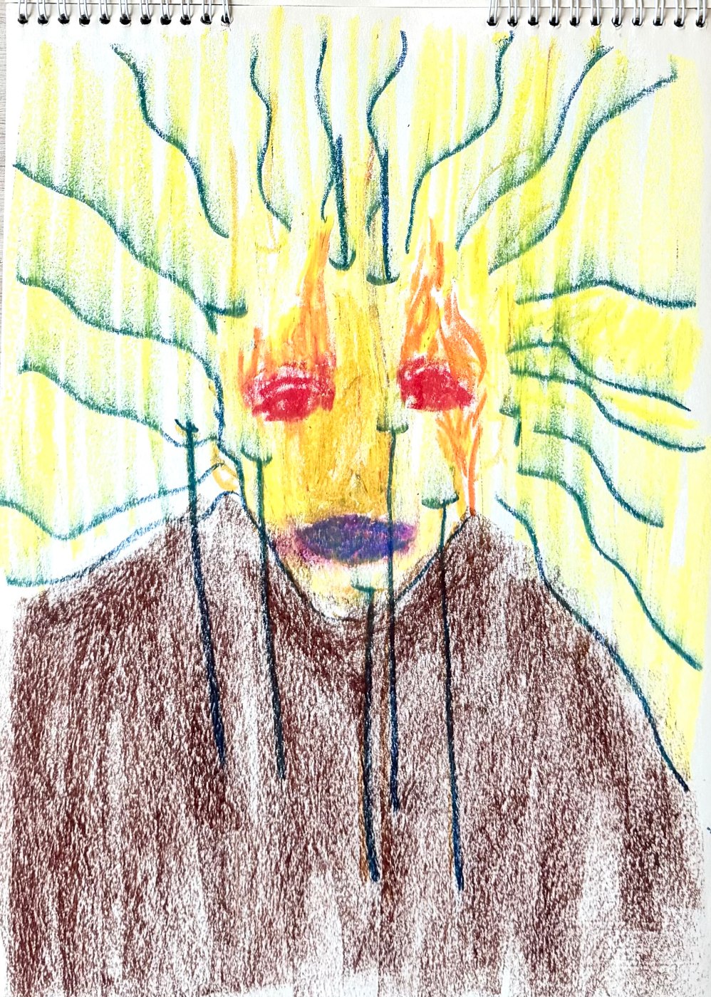 Self-portrait study in oil pastel, a face with flame-like eyes against yellow, hair streaming outward