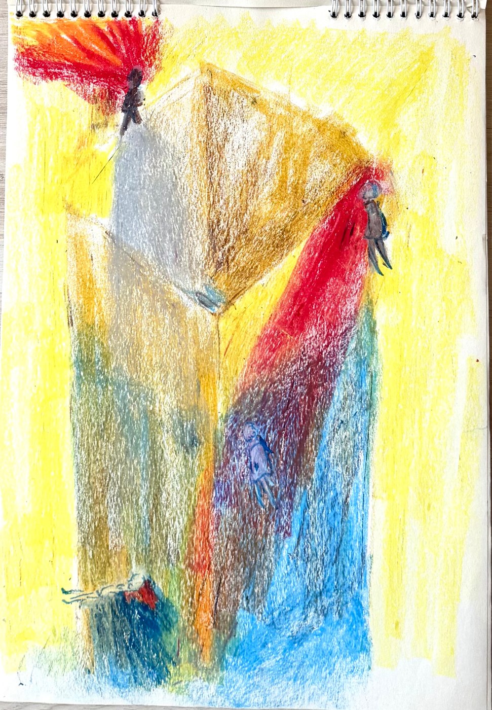 Self-portrait study in oil pastel, two red-crested forms flanking a pale centre on yellow
