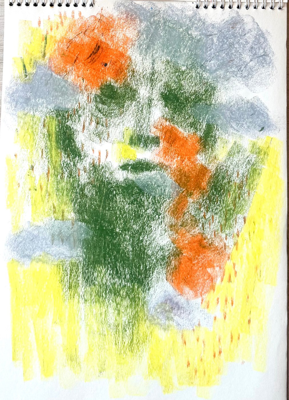 Self-portrait study in oil pastel, a face emerging from green, orange and yellow scumbling