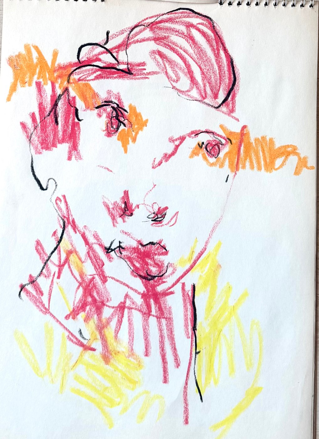 Self-portrait study in pink, orange and yellow oil pastel over black line