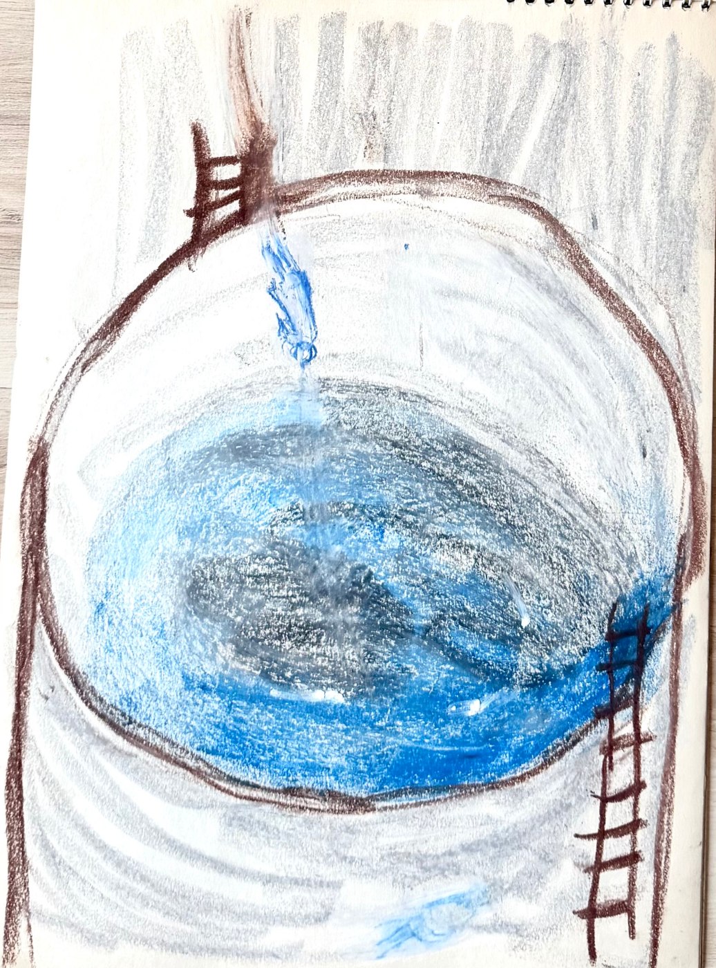 Study of a deep basin of blue water ringed by a dark rim, with ladders leaning into it