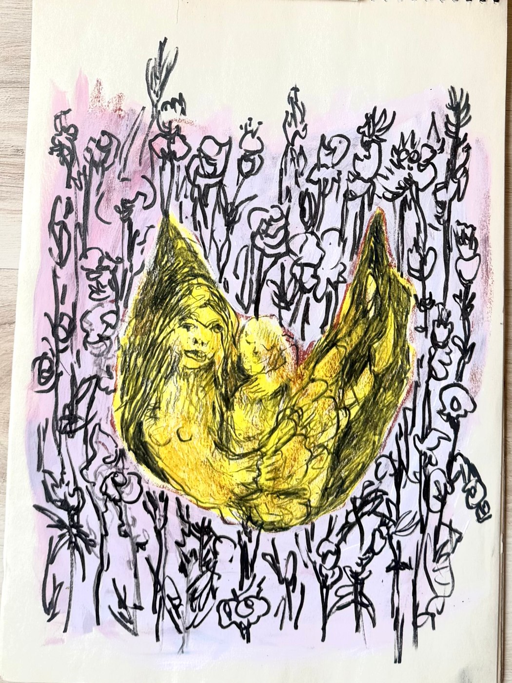 Two figures nested inside a yellow crescent form, surrounded by drawn flowers on a pink ground